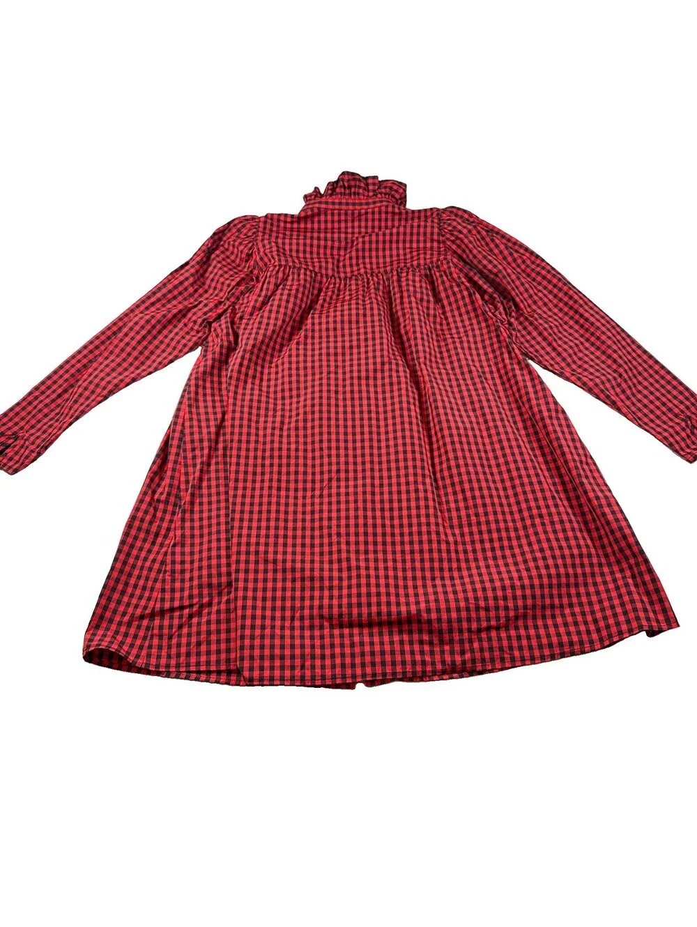 H&M Black & Red Gingham Button Front Ruffle Neck Dress Size Large Pre Owned